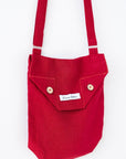 Cyclamen Red Linen Shoulder Bag with Coconut Buttons and Adjustable Strap - Linen Couture