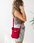 Cyclamen Red Linen Shoulder Bag with Coconut Buttons and Adjustable Strap - Linen Couture