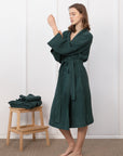 Greyish Green linen waffle robe for men - Linen Couture