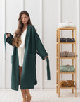 Greyish Green linen waffle robe - Linen Couture