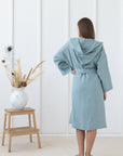 Greyish Mint linen robe with hoodie - Linen Couture