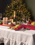Handmade White Linen Christmas Tablecloth with Ruffles - Linen Couture