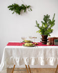 Handmade White Linen Christmas Tablecloth with Ruffles - Linen Couture