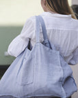 Ice Blue linen beach bag with pocket - Linen Couture