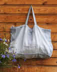 Ice Blue linen beach bag with pocket - Linen Couture