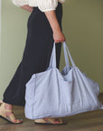 Ice Blue linen beach bag with pocket - Linen Couture