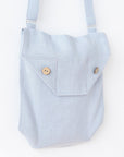 Ice Blue Linen Shoulder Bag with Coconut Buttons and Adjustable Strap - Linen Couture