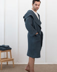Light grey linen waffle robe with hoodie - Linen Couture