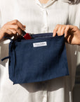 Night Blue linen large makeup bag with zipper - Linen Couture