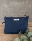 Night Blue linen large makeup bag with zipper - Linen Couture