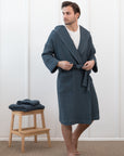 Waffle Linen Bathrobe with Hoodie in White - Linen Couture Boutique