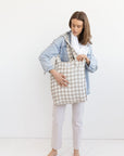 White and Natural check linen weekender bag - Linen Couture