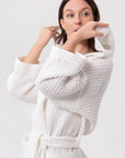 White linen waffle robe with hoodie - Linen Couture Boutique