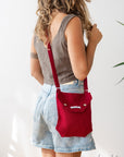Cyclamen Red Linen Shoulder Bag with Coconut Buttons and Adjustable Strap - Linen Couture