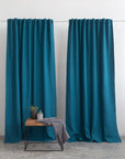 Dark Sea Blue linen curtain with blackout, tape - Linen Couture