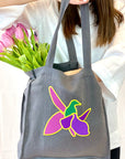 Grey Linen tote bag with embroidery - Linen Couture