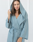 Greyish Mint linen robe with hoodie - Linen Couture