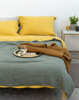 Honey and Safari Green double linen bedding set - Linen Couture