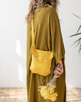 Honey Linen Shoulder Bag with Coconut Buttons and Adjustable Strap - Linen Couture