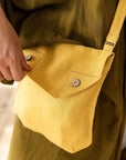 Honey Linen Shoulder Bag with Coconut Buttons and Adjustable Strap - Linen Couture