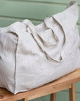 Ice Blue linen beach bag with pocket - Linen Couture