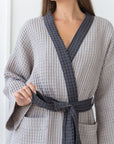 Light Grey and Grey linen waffle robe two tones - Linen Couture