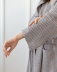 Light grey linen waffle robe with hoodie - Linen Couture