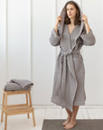 Light grey linen waffle robe with hoodie - Linen Couture