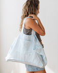Linen beach bag with pocket and zipper in Baby Blue - Linen Couture