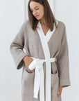 Natural and White linen waffle robe two tones - Linen Couture
