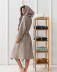 Natural linen waffle robe with hoodie - Linen Couture