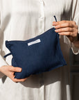 Night Blue linen large makeup bag with zipper - Linen Couture