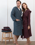 Plum linen waffle robe with hoodie - Linen Couture