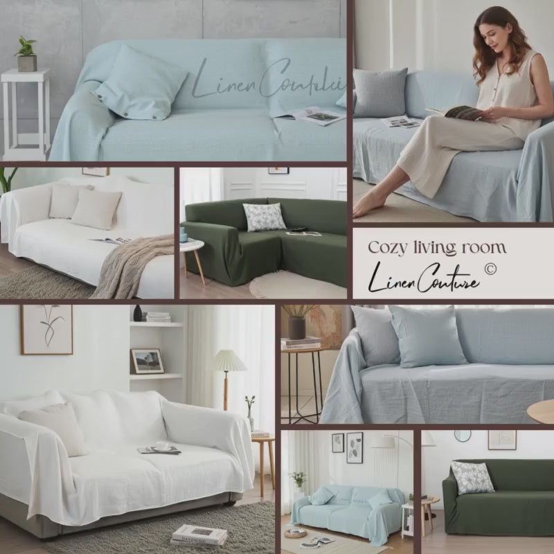 Light Grey Linen Sofa Slipcover – Handmade Custom Couch Cover, Washable Linen L-Shape Furniture Protector