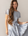 Taormina Ice Blue Linen Crop Top and Midi Skirt Set - Linen Couture