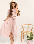 Taormina Pale Pink Linen Crop Top and Midi Skirt Co Ord Set - Linen Couture