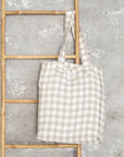 White and Natural check linen weekender bag - Linen Couture